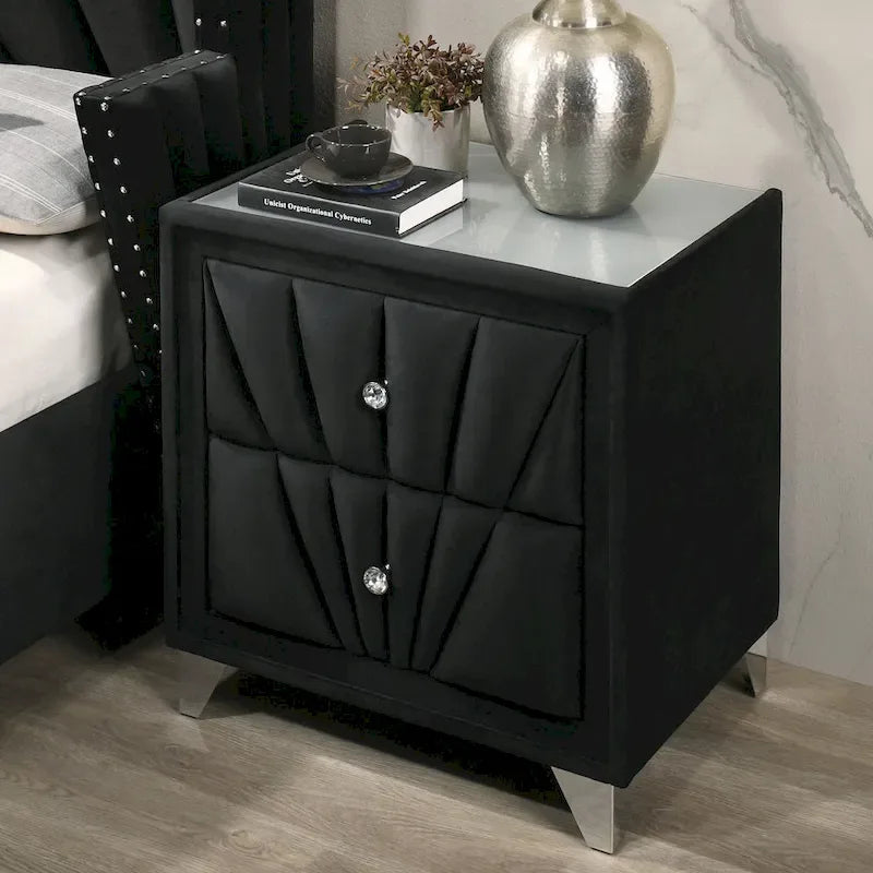 Ensemble de chambre à coucher 3 pièces Ambrosia Glam en tissu noir capitonné avec clous décoratifs, par Furniture of America