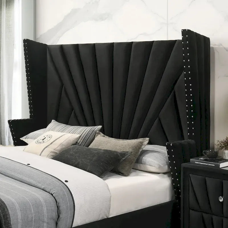 Ensemble de chambre à coucher 3 pièces Ambrosia Glam en tissu noir capitonné avec clous décoratifs, par Furniture of America
