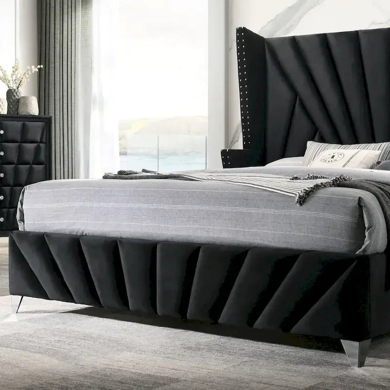 Ensemble de chambre à coucher 3 pièces Ambrosia Glam en tissu noir capitonné avec clous décoratifs, par Furniture of America
