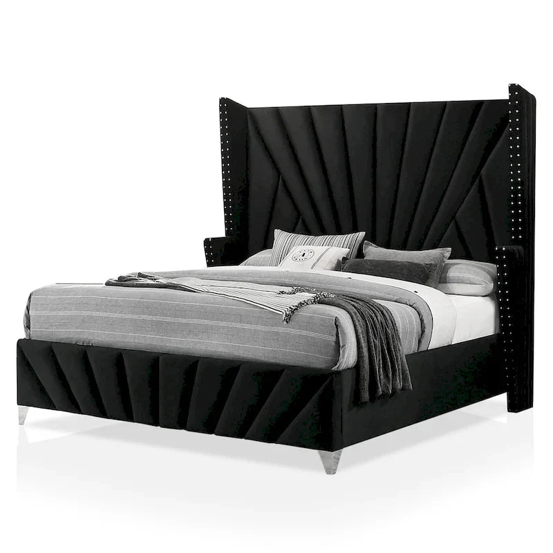 Ensemble de chambre à coucher 3 pièces Ambrosia Glam en tissu noir capitonné avec clous décoratifs, par Furniture of America