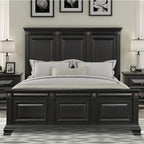 Ensemble de chambre à coucher Roundhill Furniture Renova Vintage en bois noir, comprenant un lit à panneaux, une commode, un miroir et deux tables de chevet.