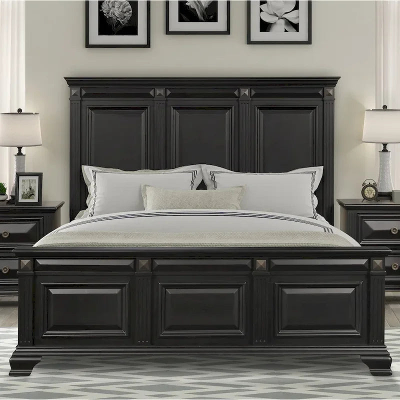 Ensemble de chambre à coucher Roundhill Furniture Renova Vintage en bois noir, comprenant un lit à panneaux, une commode, un miroir et deux tables de chevet.