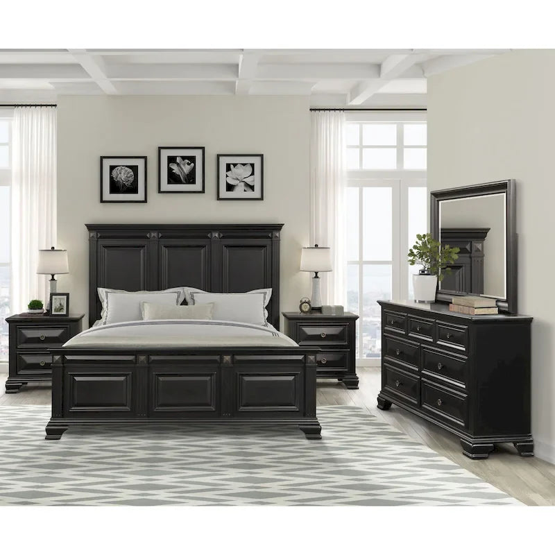 Ensemble de chambre à coucher Roundhill Furniture Renova Vintage en bois noir, comprenant un lit à panneaux, une commode, un miroir et deux tables de chevet.
