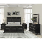 Ensemble de chambre à coucher Roundhill Furniture Renova Vintage en bois noir, comprenant un lit à panneaux, une commode, un miroir et deux tables de chevet.