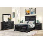 Ensemble de chambre à coucher Roundhill Furniture Renova Vintage en bois noir, comprenant un lit à panneaux, une commode, un miroir et deux tables de chevet.