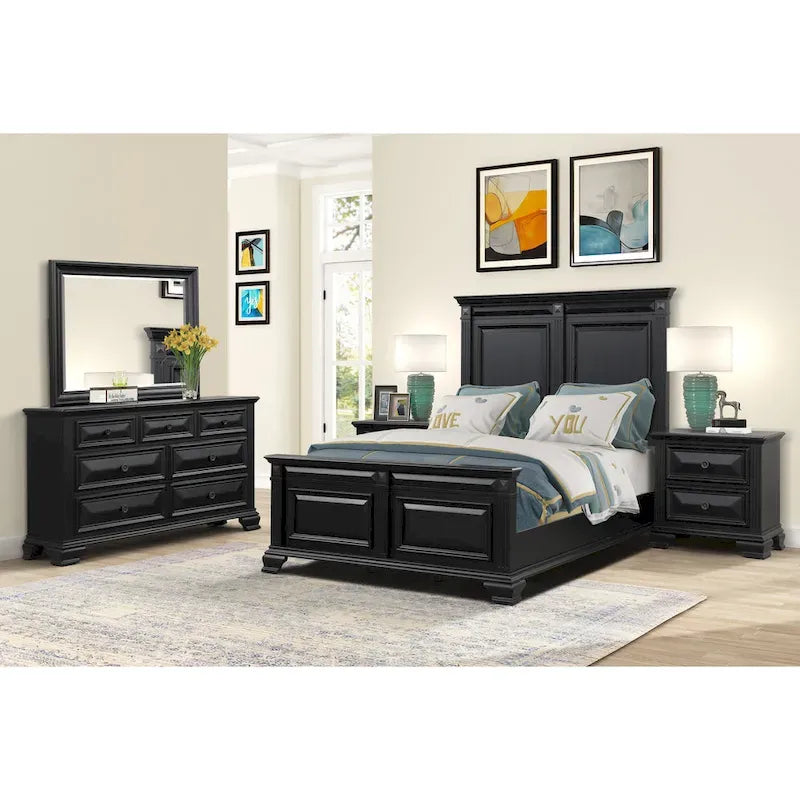 Ensemble de chambre à coucher Roundhill Furniture Renova Vintage en bois noir, comprenant un lit à panneaux, une commode, un miroir et deux tables de chevet.