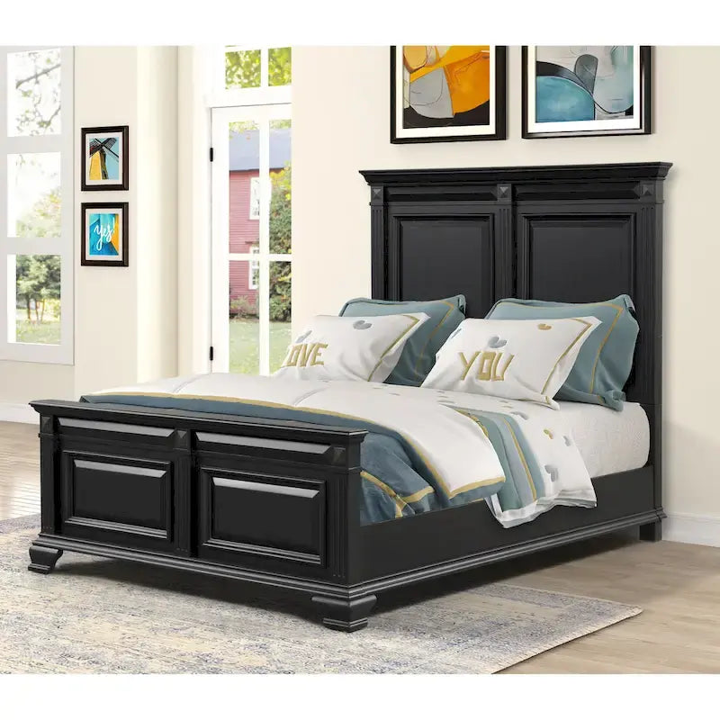 Ensemble de chambre à coucher Roundhill Furniture Renova Vintage en bois noir, comprenant un lit à panneaux, une commode, un miroir et deux tables de chevet.