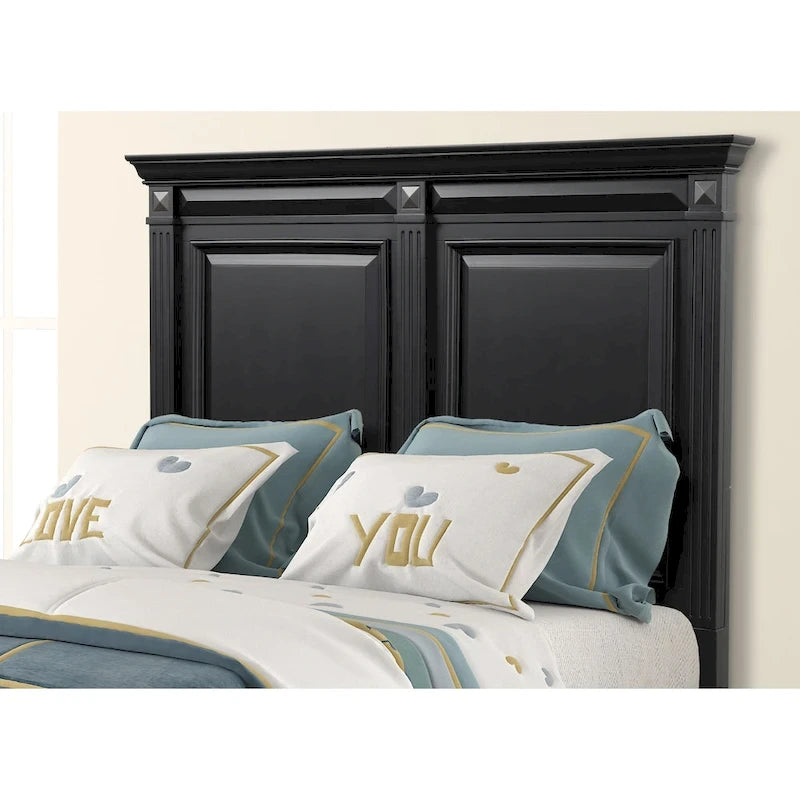 Ensemble de chambre à coucher Roundhill Furniture Renova Vintage en bois noir, comprenant un lit à panneaux, une commode, un miroir et deux tables de chevet.