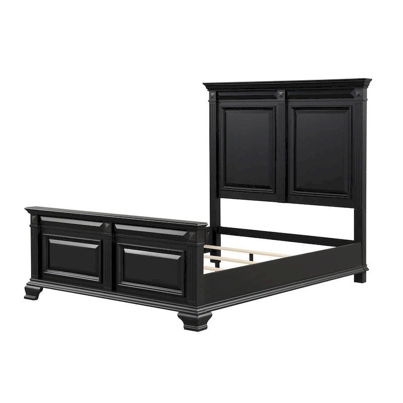Ensemble de chambre à coucher Roundhill Furniture Renova Vintage en bois noir, comprenant un lit à panneaux, une commode, un miroir et deux tables de chevet.