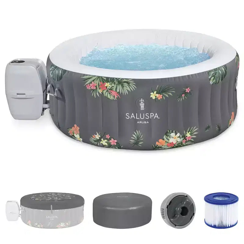 Bestway SaluSpa Aruba AirJet Large Round 2 to 3 Person Inflatable Hot Tub Portable Outdoor Spa with 110 AirJets, Grey