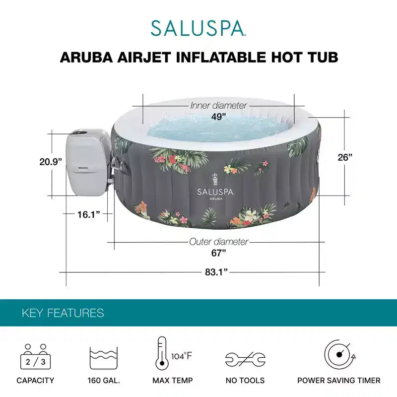 Bestway SaluSpa Aruba AirJet Grand bain à remous gonflable rond pour 2 à 3 personnes, spa extérieur portable avec 110 jets d'air, gris