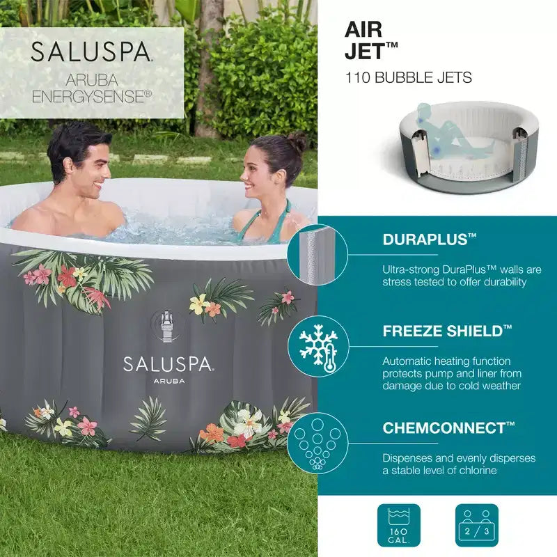 Bestway SaluSpa Aruba AirJet Grand bain à remous gonflable rond pour 2 à 3 personnes, spa extérieur portable avec 110 jets d'air, gris