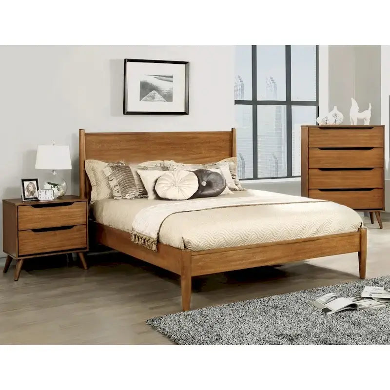 Ensemble de chambre à coucher 3 pièces en chêne massif de style moderne du milieu du siècle Fopp, par Furniture of America