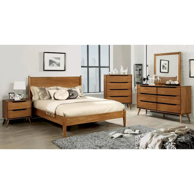 Ensemble de chambre à coucher Fopp Mid-century Modern en chêne, 4 pièces, par Furniture of America