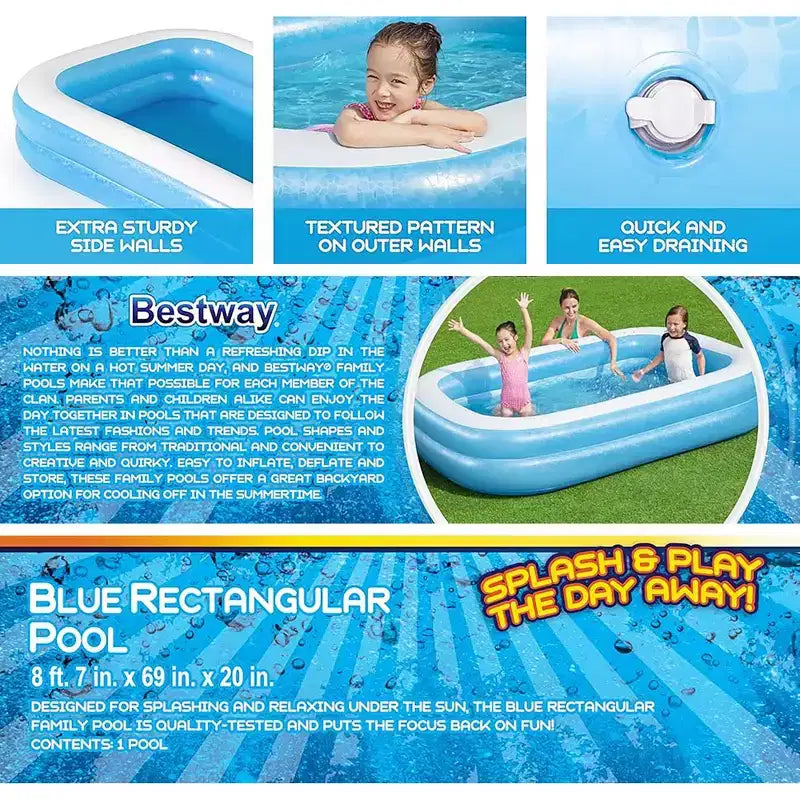 H2OGO! Piscine familiale rectangulaire bleue 2,62 m Piscine gonflable d'extérieur