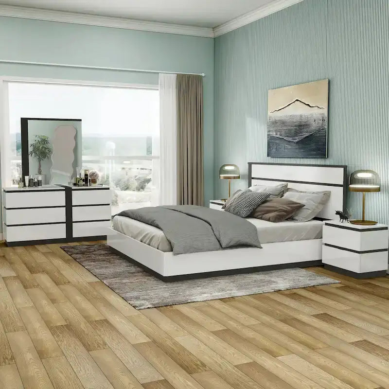 Ensemble de chambre à coucher moderne Conjira en bois blanc, 5 pièces, plateforme (USB) par Furniture of America