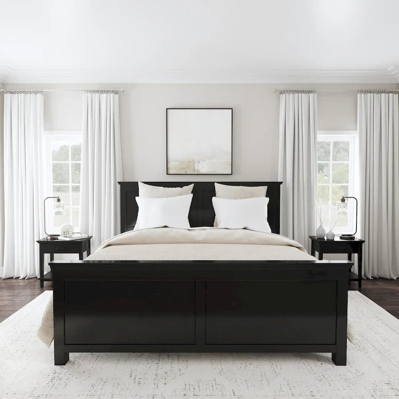 Lit King en bois noir Oak Park et deux tables de chevet