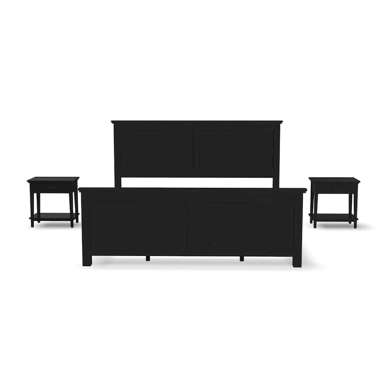 Lit King en bois noir Oak Park et deux tables de chevet