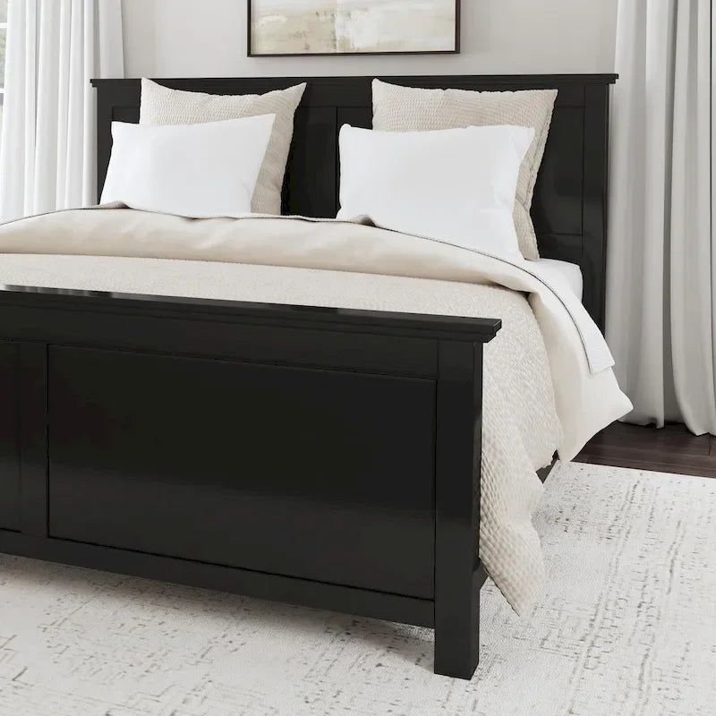 Lit King en bois noir Oak Park et deux tables de chevet