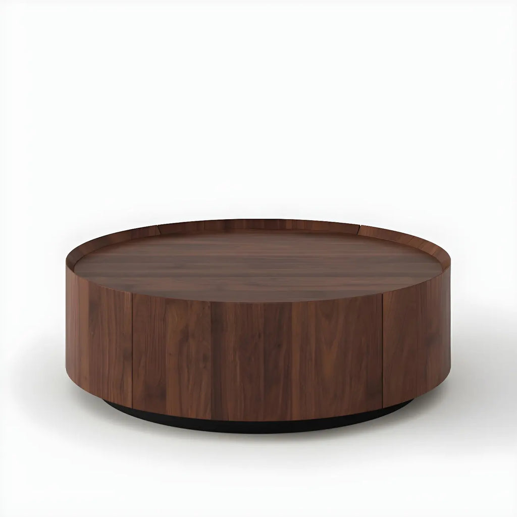 Table basse ronde moderne et élégante en bois marron avec tiroir
