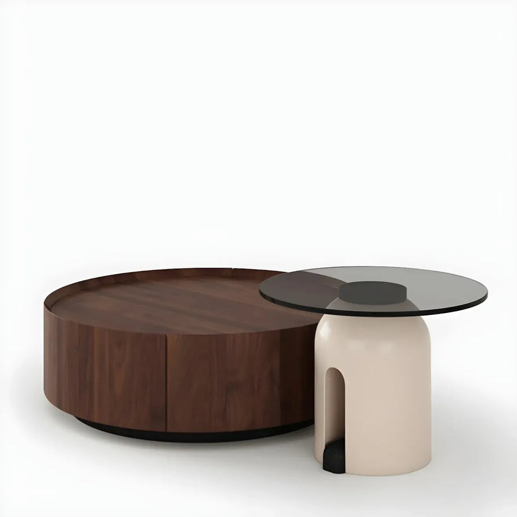 Table basse ronde moderne et élégante en bois marron avec tiroir