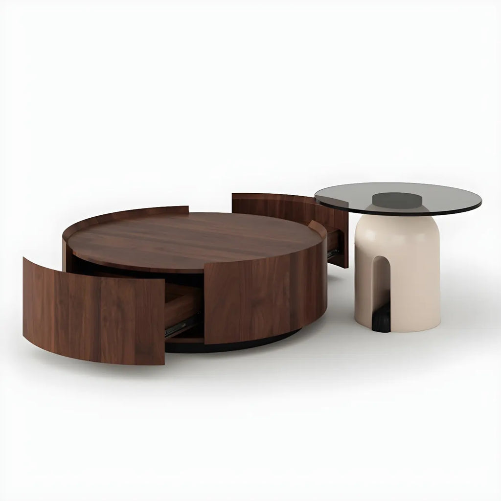 Table basse ronde moderne et élégante en bois marron avec tiroir