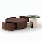 Table basse ronde moderne et élégante en bois marron avec tiroir
