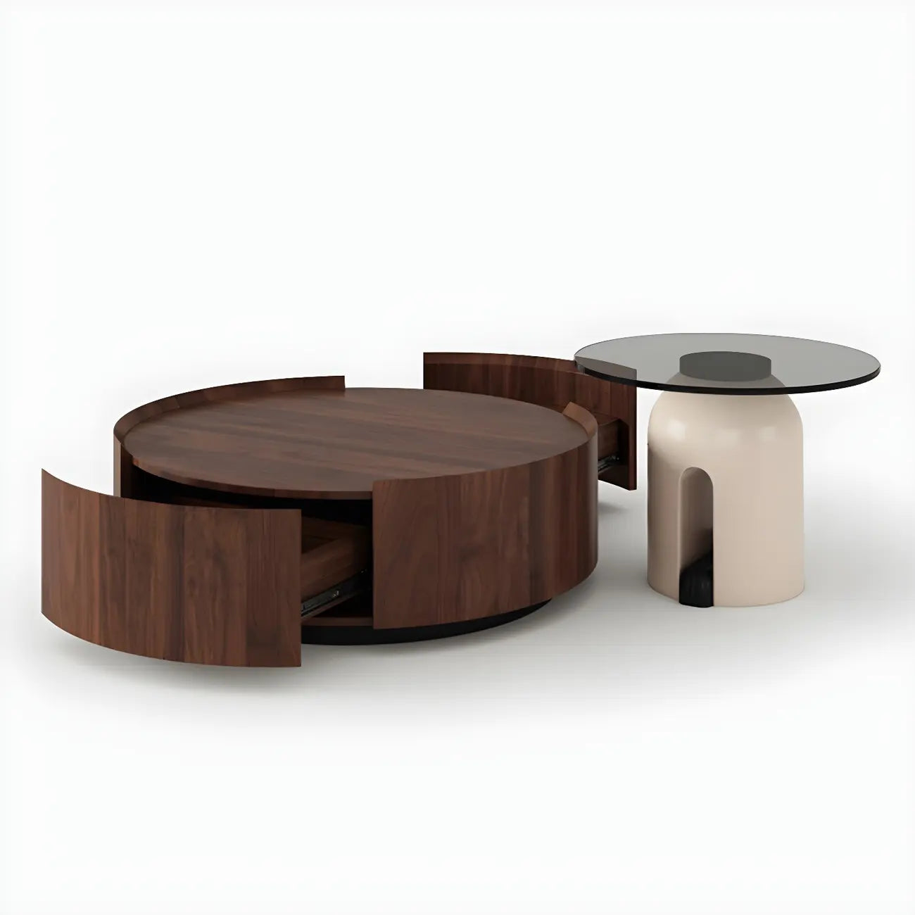 Table basse ronde moderne et élégante en bois marron avec tiroir