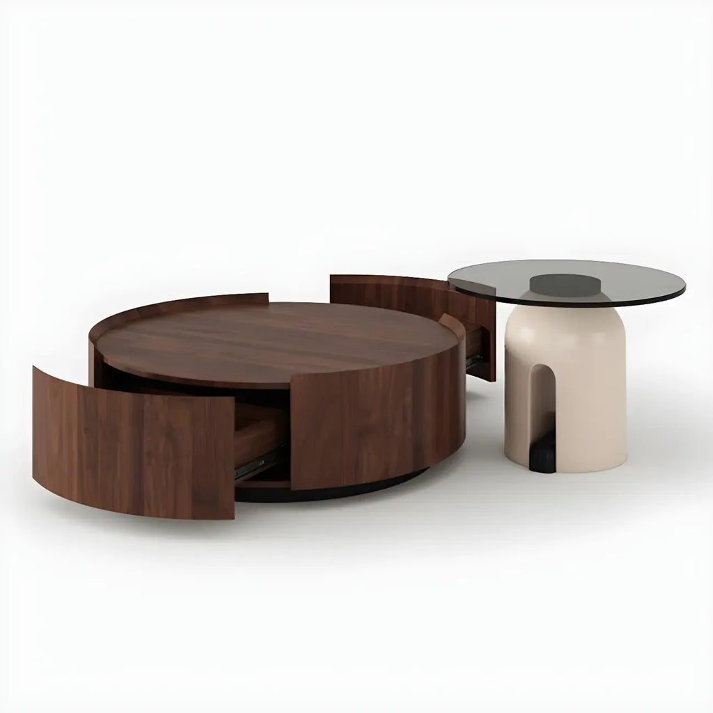 Table basse ronde moderne et élégante en bois marron avec tiroir