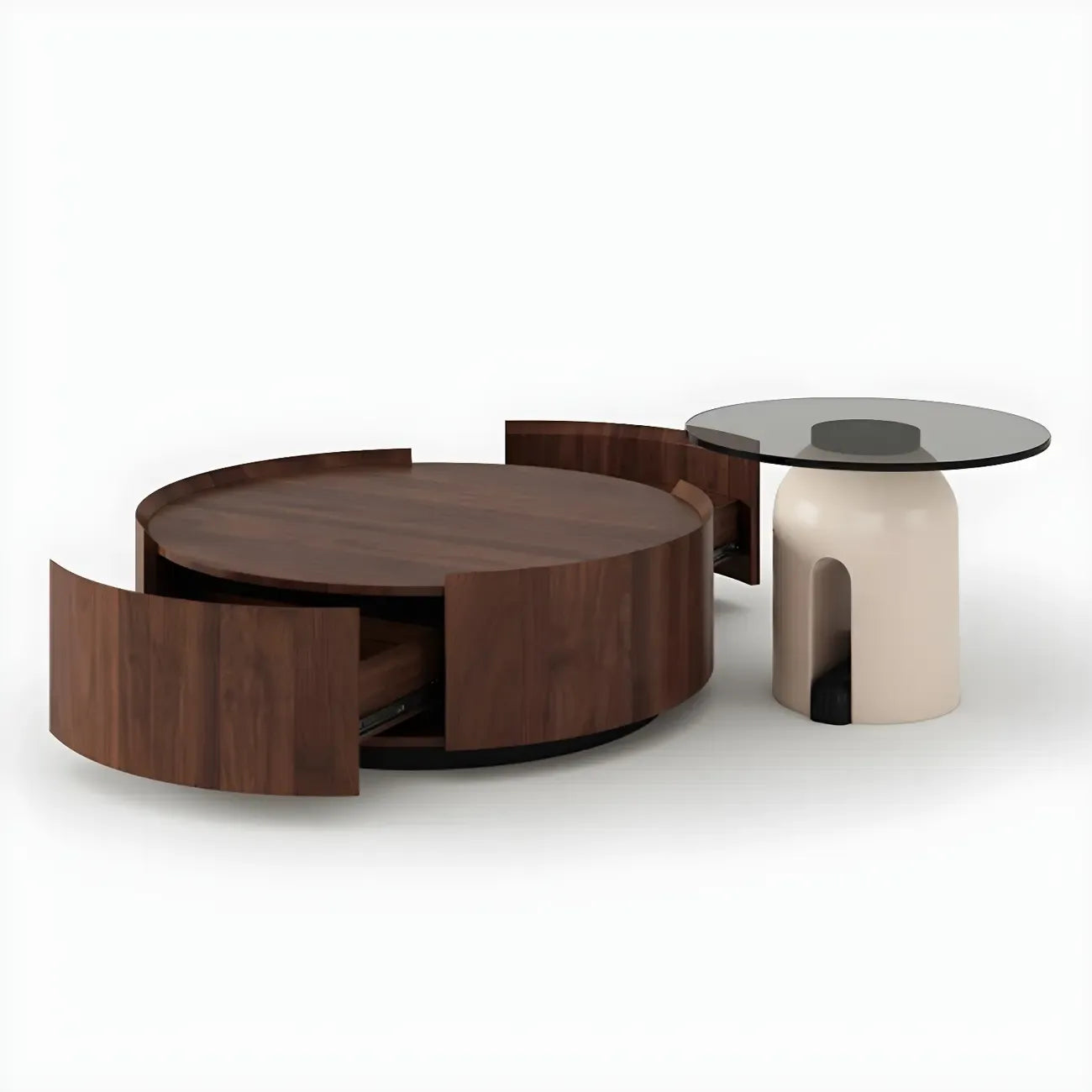 Table basse ronde moderne et élégante en bois marron avec tiroir