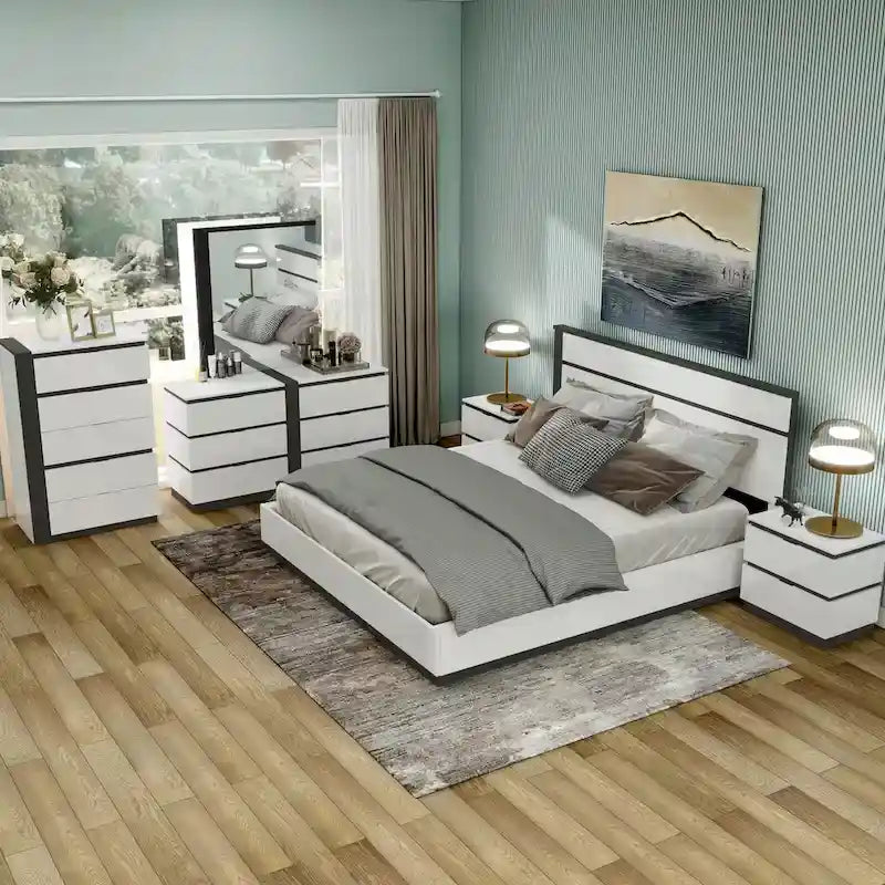Ensemble de chambre à coucher moderne Conjira en bois blanc, 6 pièces, plateforme (USB) par Furniture of America