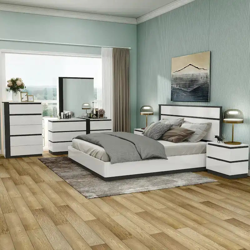 Ensemble de chambre à coucher moderne Conjira en bois blanc, 6 pièces, plateforme (USB) par Furniture of America