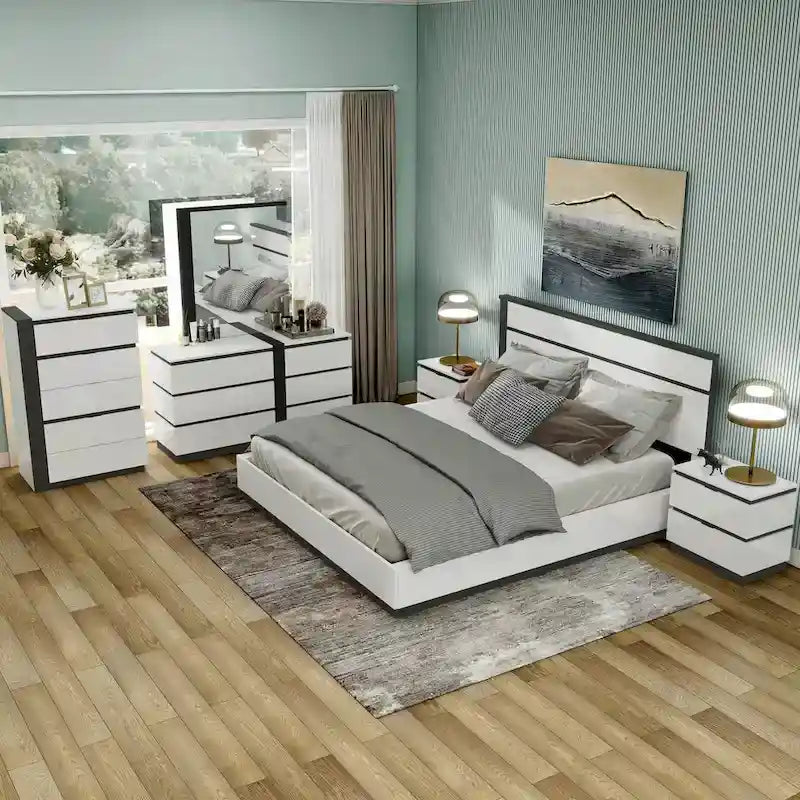Ensemble de chambre à coucher moderne Conjira en bois blanc, 6 pièces, plateforme (USB) par Furniture of America