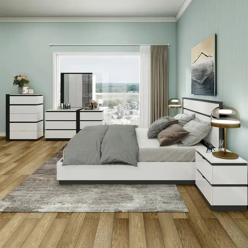 Ensemble de chambre à coucher moderne Conjira en bois blanc, 6 pièces, plateforme (USB) par Furniture of America