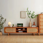 Mobile TV con vano a giorno e ante in rattan, in legno naturale da 200 cm