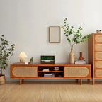 Mobile TV con vano a giorno e ante in rattan, in legno naturale da 200 cm