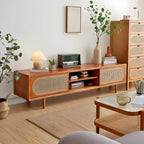 Mobile TV con vano a giorno e ante in rattan, in legno naturale da 200 cm