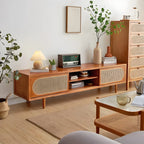 Mobile TV con vano a giorno e ante in rattan, in legno naturale da 200 cm