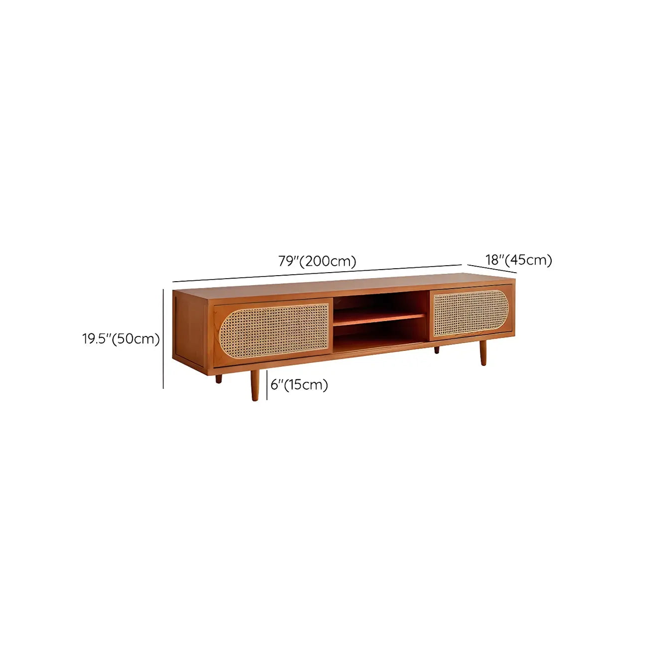 Mobile TV con vano a giorno e ante in rattan, in legno naturale da 200 cm