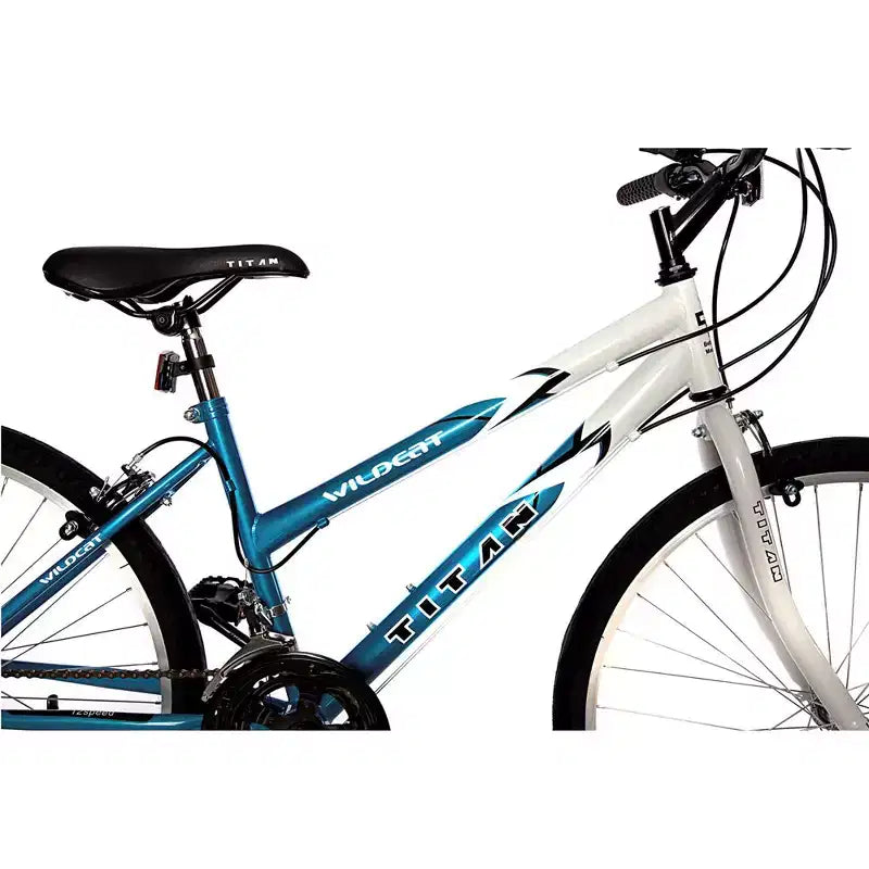 Bicicletta da montagna da donna Titan Bikes Wildcat a 12 velocità con sella regolabile in altezza, blu/bianco