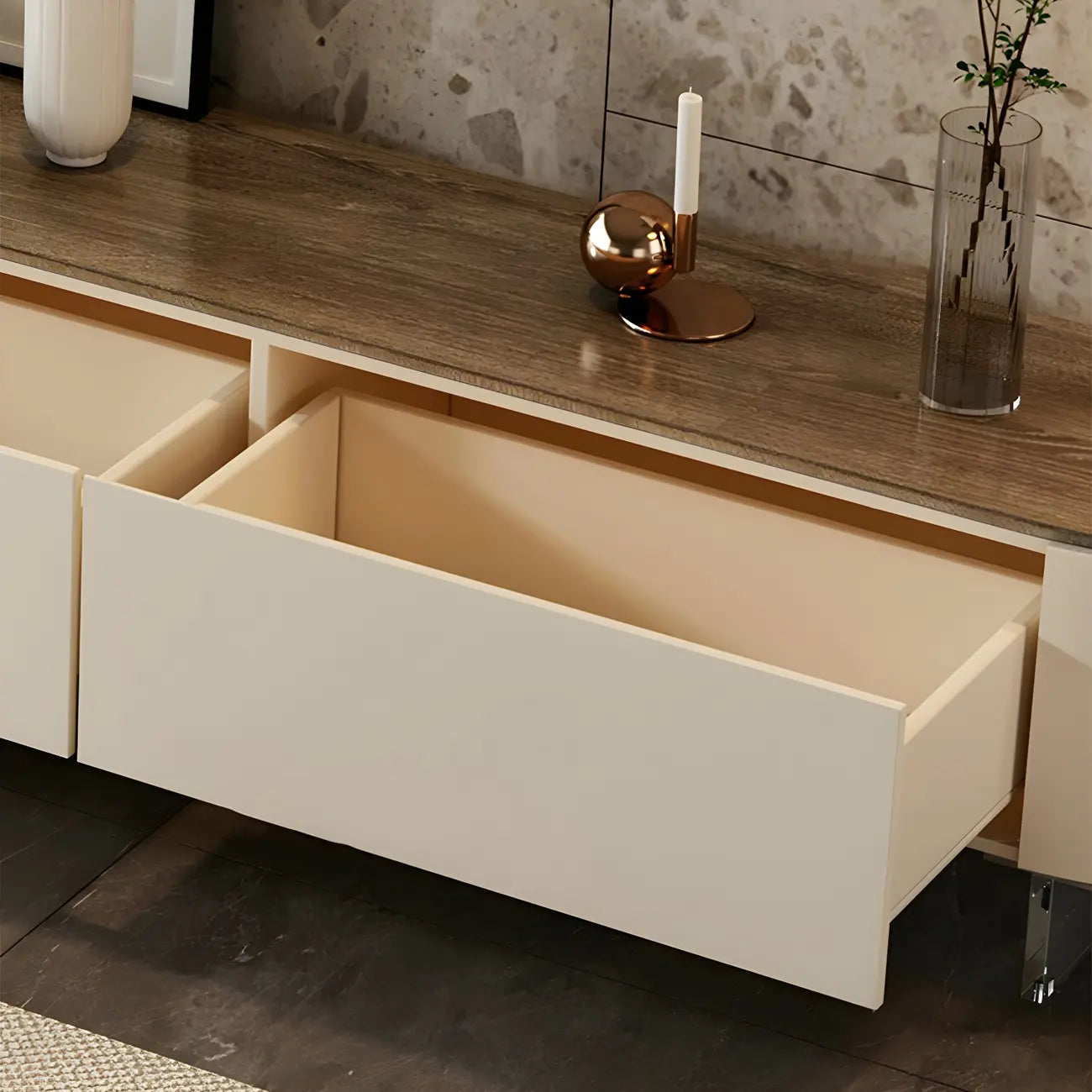 Mobile porta TV lungo 71" in legno bianco moderno con 4 cassetti contenitore