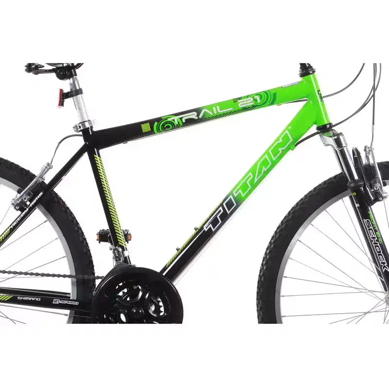 Bicicletta da montagna Titan Trail da uomo con sospensione a 21 velocità, telaio da 18 pollici, verde e nero