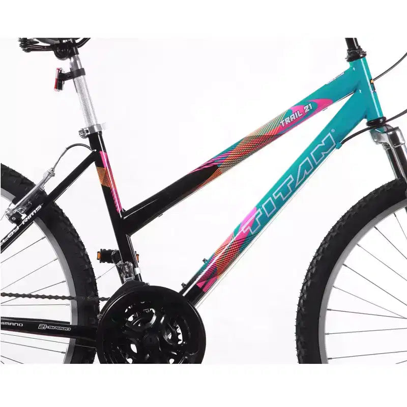 Bicicletta da montagna Titan Trail da donna, 21 velocità, sospensione, telaio 18 pollici, blu