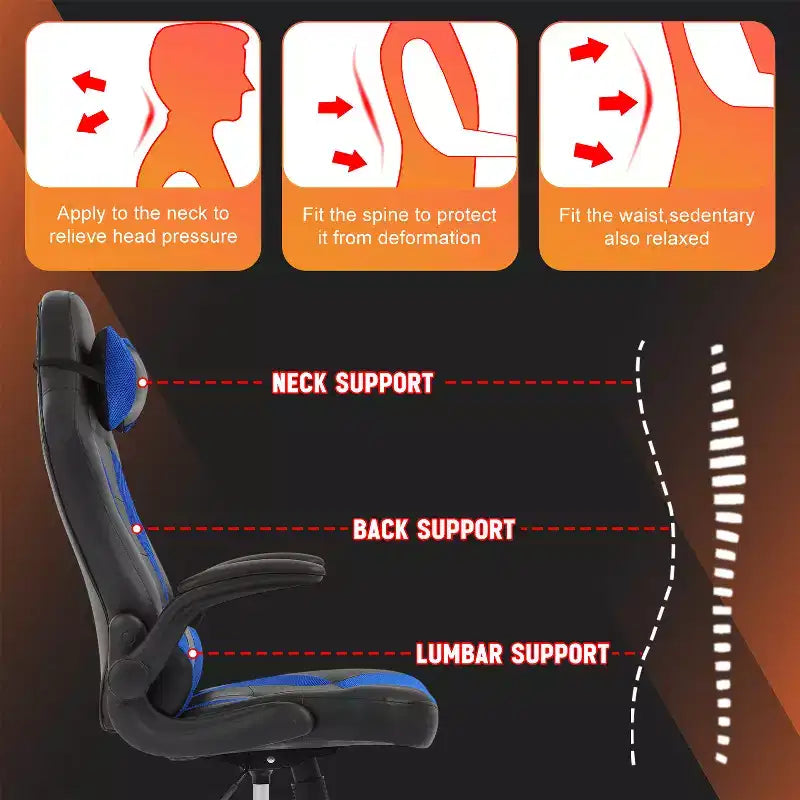 FDW Fauteuil de bureau de jeu Chaise de bureau avec support lombaire Accoudoirs relevables Appuie-tête