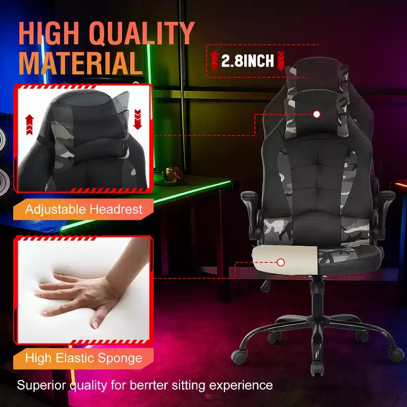 FDW Fauteuil de bureau de jeu Chaise de bureau avec support lombaire Accoudoirs relevables Appuie-tête