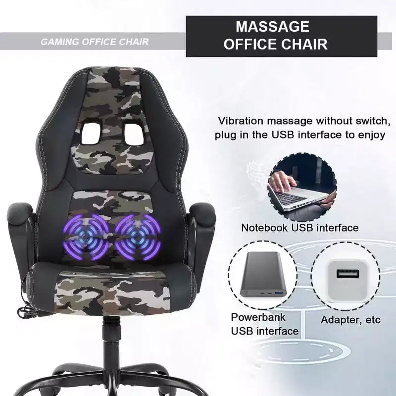 Sedia da gaming FDW, sedia da ufficio, sedia ergonomica da scrivania, sedia da computer in pelle PU con massaggio, supporto lombare, poggiatesta e braccioli