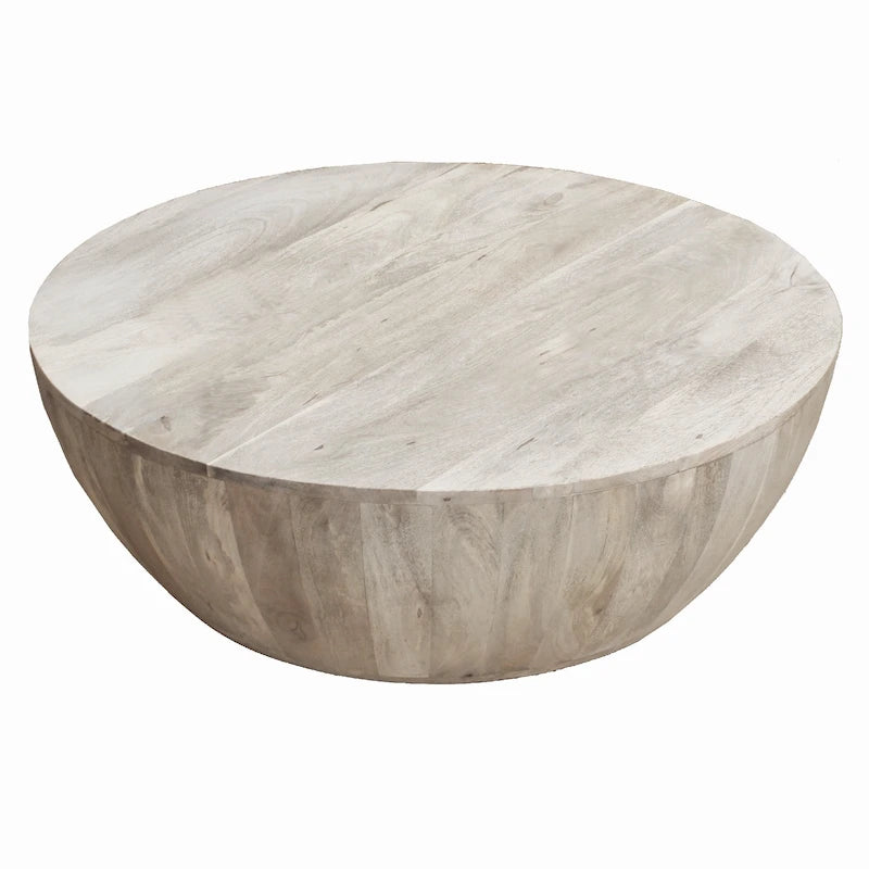 Table Basse Ronde en Bois de Mangue de 91 cm, Veinage Subtil, Blanc Vieilli - 35,5 x 35,5 x 12
