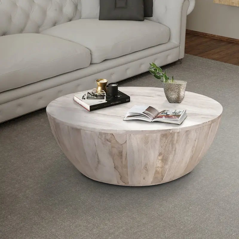 Table Basse Ronde en Bois de Mangue de 91 cm, Veinage Subtil, Blanc Vieilli - 35,5 x 35,5 x 12