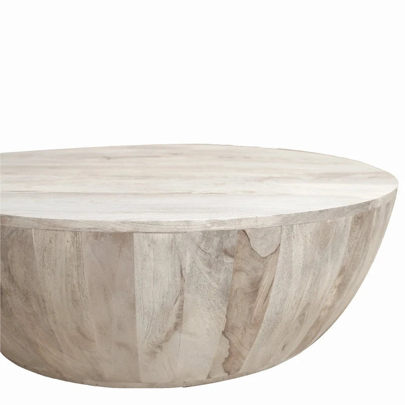 Table Basse Ronde en Bois de Mangue de 91 cm, Veinage Subtil, Blanc Vieilli - 35,5 x 35,5 x 12