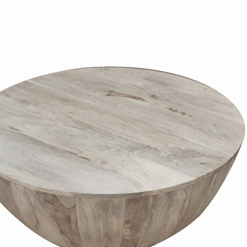 Table Basse Ronde en Bois de Mangue de 91 cm, Veinage Subtil, Blanc Vieilli - 35,5 x 35,5 x 12